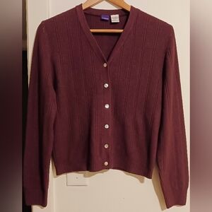Resource Womans L Burgundy V Neck Button Up Cardigan Long Sleeve Cropped Sweater